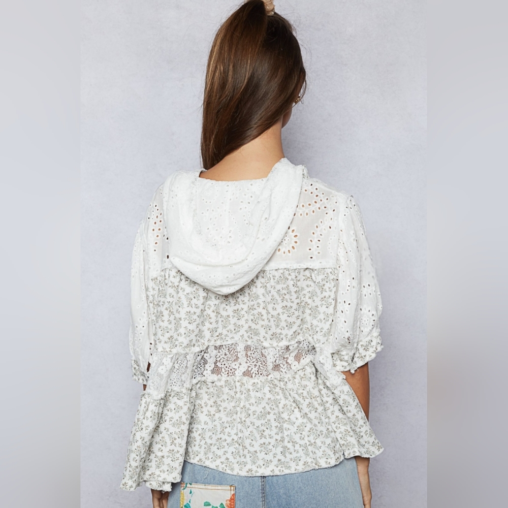 🌞#496 POL ROUND NECK BALLOON HALF SLEEVE HOODIE TOP - Picture 5 of 5